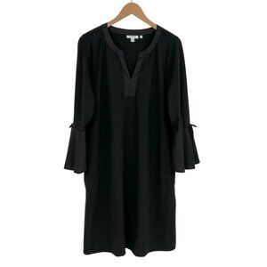Chico's Women Bell Sleeve Midi Shift Dress Size 12 Black V Neck Pockets Pullover